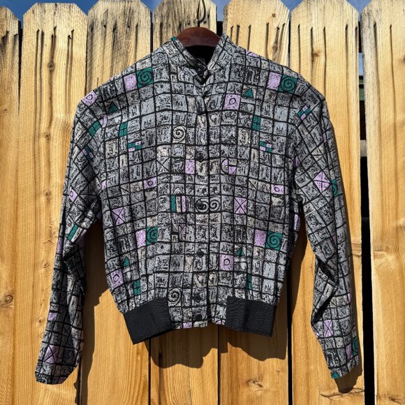 Price FIRM Vintage 80s 90s Grey Abstract Print Button Down Blouse Jacket | S/M - Picture 3 of 16